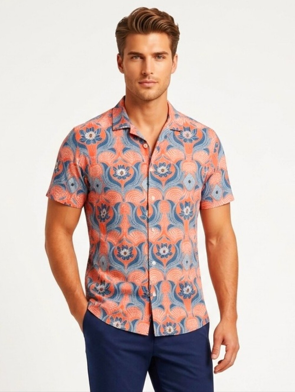 Denim & Flower Ricky Singh Orange & Blue Lotus Camp Style Retro Shirt Sz L